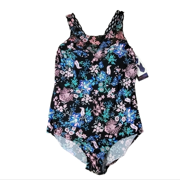 Christina Floral One Piece Swimsuit - Black, Blue, Pink - Picture 1 of 8